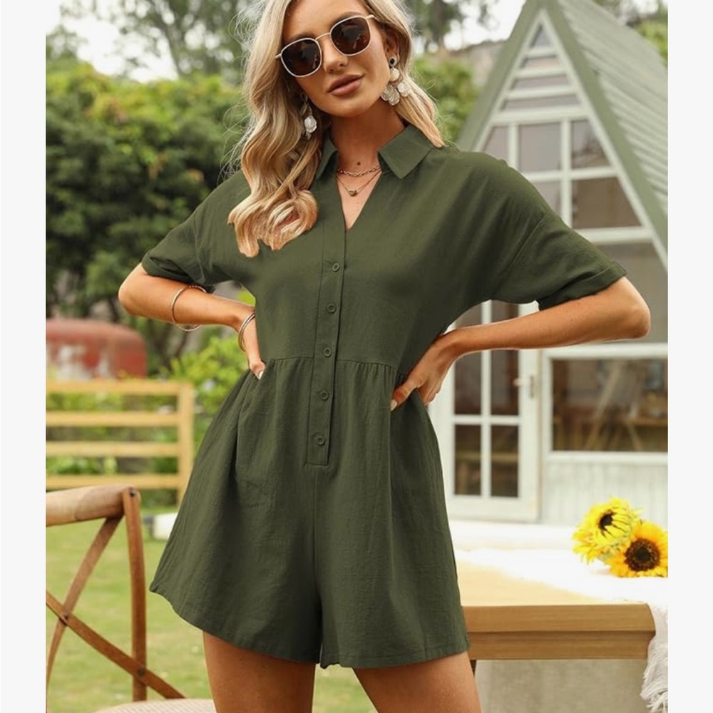 Stylish Olive Green Button-Up Romper with Pockets